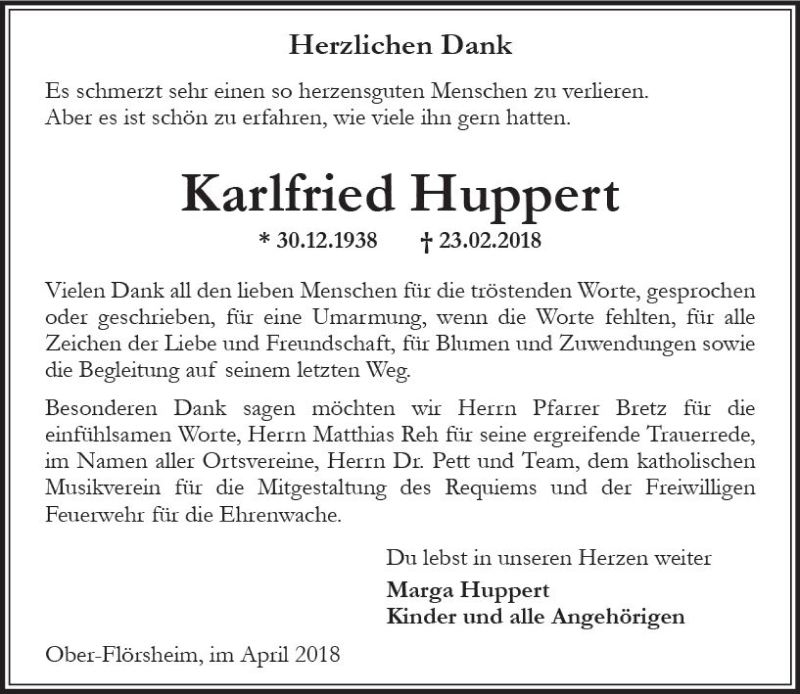  Traueranzeige für Karlfried Huppert vom 14.04.2018 aus Trauerportal Rhein Main Presse