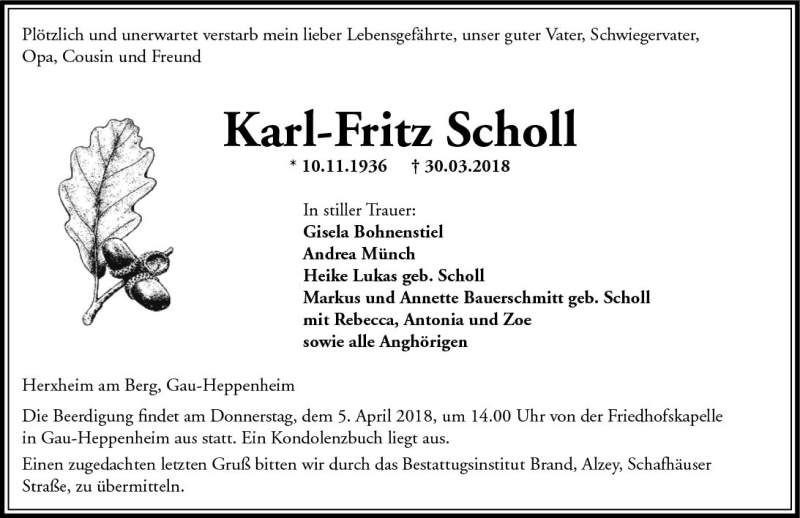  Traueranzeige für Kart-Fritz Scholl vom 03.04.2018 aus Trauerportal Rhein Main Presse