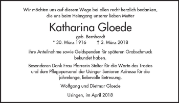 Traueranzeige von Katharina Gloede von  Usinger Anzeiger
