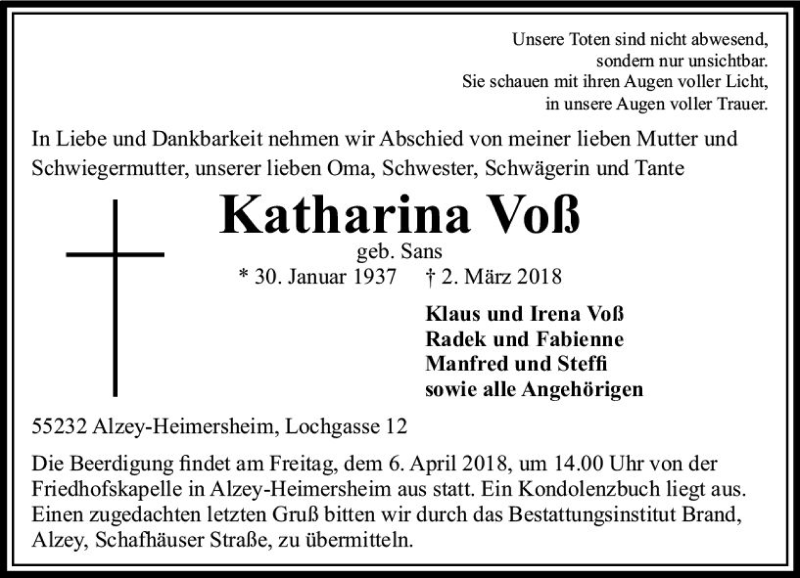  Traueranzeige für Katharina Voß vom 03.04.2018 aus Trauerportal Rhein Main Presse