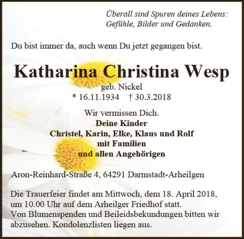 Traueranzeige für Katharina  Christina Wesp vom 07.04.2018 aus Trauerportal Rhein Main Presse