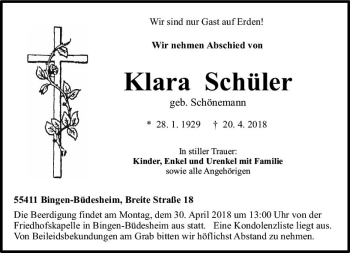 Traueranzeige von Klara Schüler von Trauerportal Rhein Main Presse
