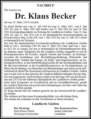 Traueranzeige von Klaus Becker von  Gießener Anzeiger
