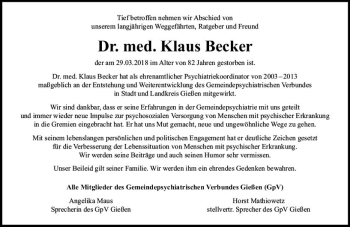 Traueranzeige von Klaus Becker von  Gießener Anzeiger