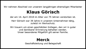Traueranzeige von Klaus Görisch von Trauerportal Rhein Main Presse