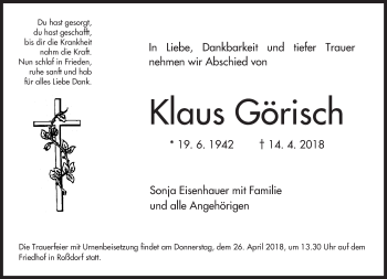 Traueranzeige von Klaus Görisch von Trauerportal Rhein Main Presse