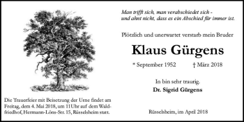 Traueranzeige von Klaus Gürgens von Trauerportal Rhein Main Presse