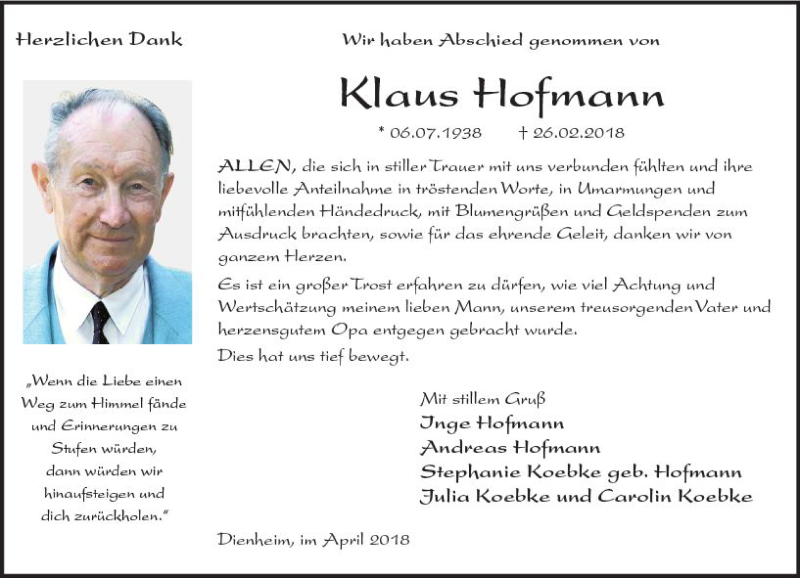  Traueranzeige für Klaus Hofmann vom 14.04.2018 aus Trauerportal Rhein Main Presse