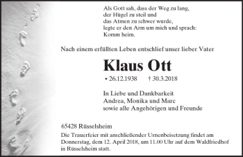 Traueranzeige von Klaus Ott von Trauerportal Rhein Main Presse