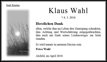 Traueranzeige von Klaus Wahl von VRM Trauer