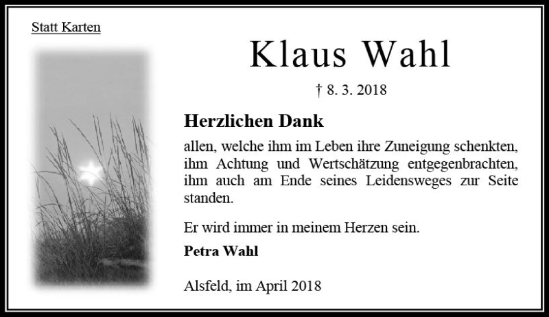  Traueranzeige für Klaus Wahl vom 14.04.2018 aus VRM Trauer