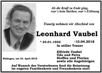 Traueranzeige von Leonhard Vaubel von  Kreisanzeiger