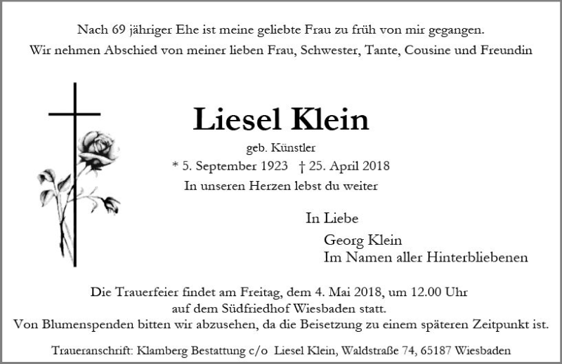  Traueranzeige für Liesel Klein vom 28.04.2018 aus Trauerportal Rhein Main Presse