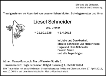 Traueranzeige von Liesel Schneider von Trauerportal Rhein Main Presse