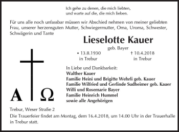 Traueranzeige von Lieselotte Kauer von Trauerportal Rhein Main Presse