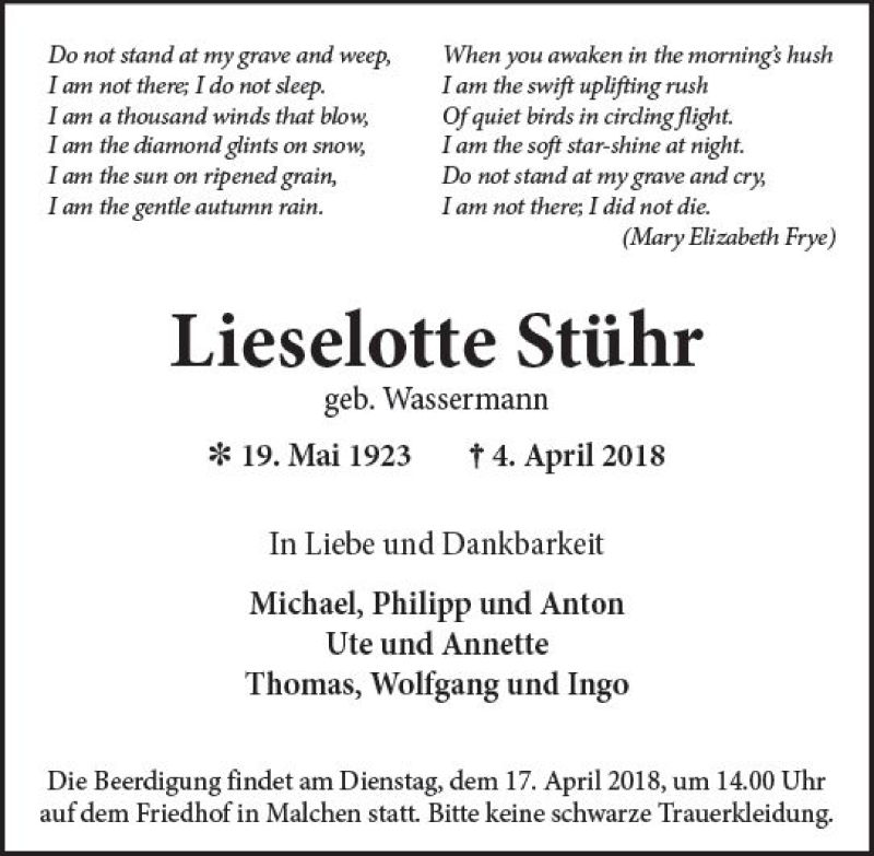  Traueranzeige für Lieselotte Stühr vom 07.04.2018 aus Trauerportal Rhein Main Presse