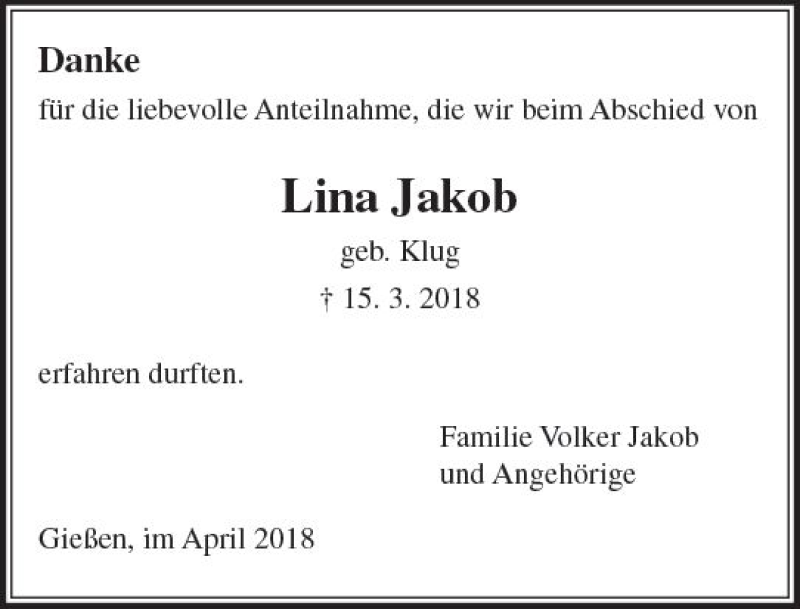  Traueranzeige für Lina Jakob vom 14.04.2018 aus  Gießener Anzeiger