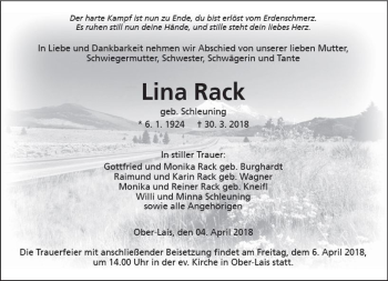Traueranzeige von Lina Rack von  Kreisanzeiger
