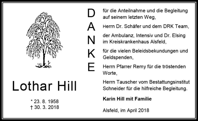  Traueranzeige für Lothar Hill vom 25.04.2018 aus VRM Trauer
