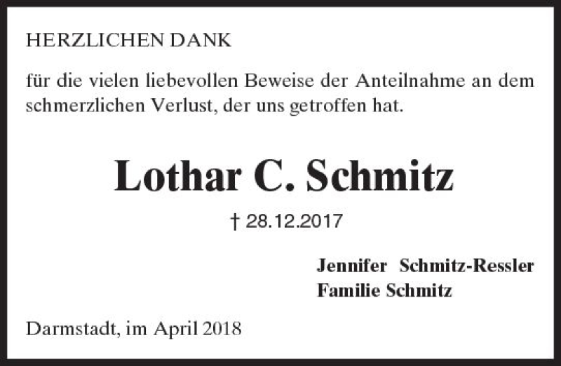  Traueranzeige für Lothar  Schmitz vom 07.04.2018 aus Trauerportal Rhein Main Presse