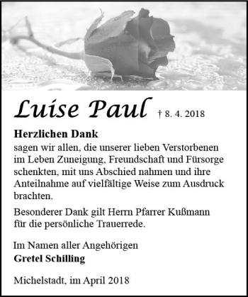 Traueranzeige von Luise Paul von Trauerportal Rhein Main Presse