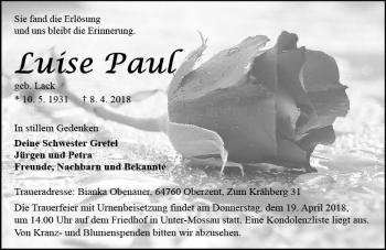 Traueranzeige von Luise Paul von Trauerportal Rhein Main Presse