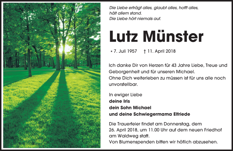  Traueranzeige für Lutz Münster vom 21.04.2018 aus Trauerportal Rhein Main Presse