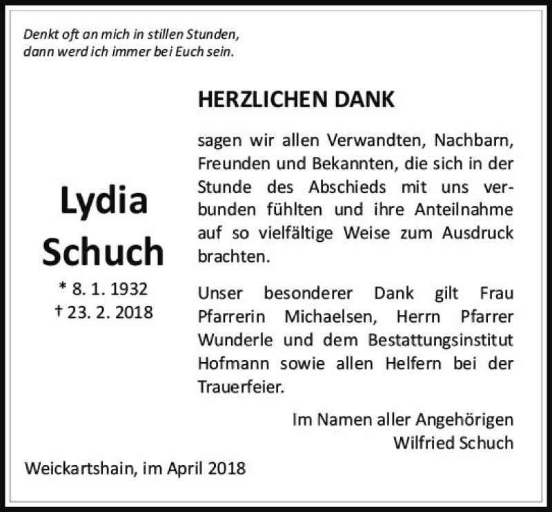 Traueranzeige für Lydia Schuch vom 14.04.2018 aus  Gießener Anzeiger