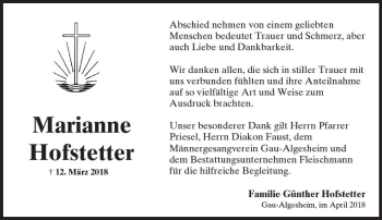 Traueranzeige von MArianne Hofstetter von Trauerportal Rhein Main Presse