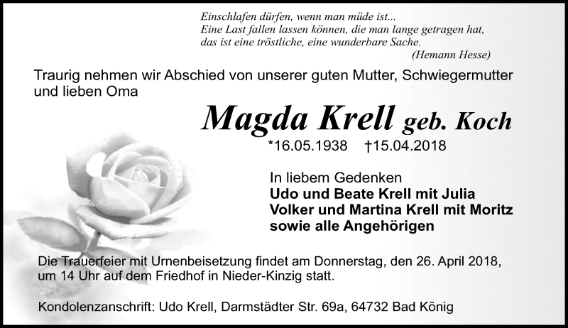  Traueranzeige für Magda Krell vom 21.04.2018 aus Trauerportal Rhein Main Presse