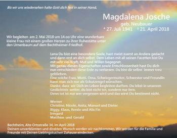Traueranzeige von Magdalena Josche von  Camberger Anzeiger