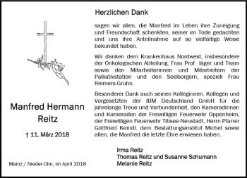 Traueranzeige von Manfred Reitz von Trauerportal Rhein Main Presse