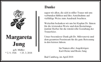 Traueranzeige von Margareta Jung von  Camberger Anzeiger