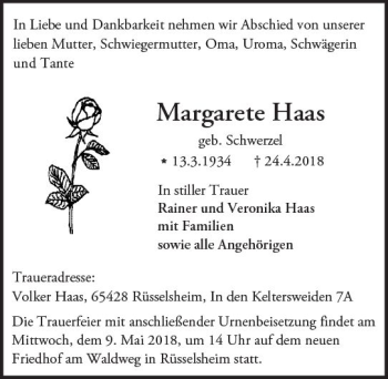 Traueranzeige von Margarete Haas von Trauerportal Rhein Main Presse