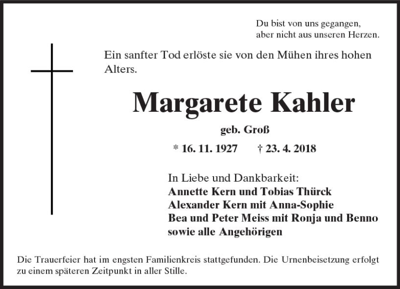  Traueranzeige für Margarete Kahler vom 30.04.2018 aus  Kreisanzeiger