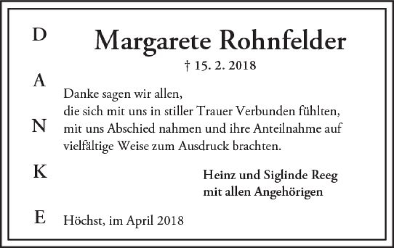  Traueranzeige für Margarete Rohnfelder vom 24.04.2018 aus Trauerportal Rhein Main Presse