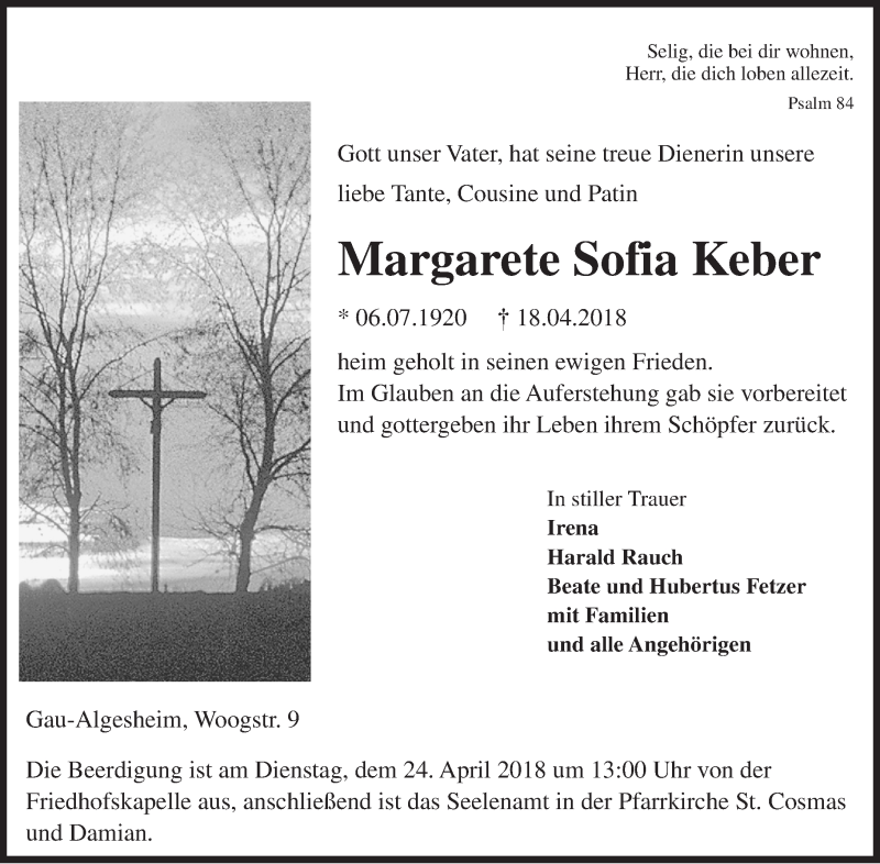  Traueranzeige für Margarete Sofia Keber vom 21.04.2018 aus Trauerportal Rhein Main Presse
