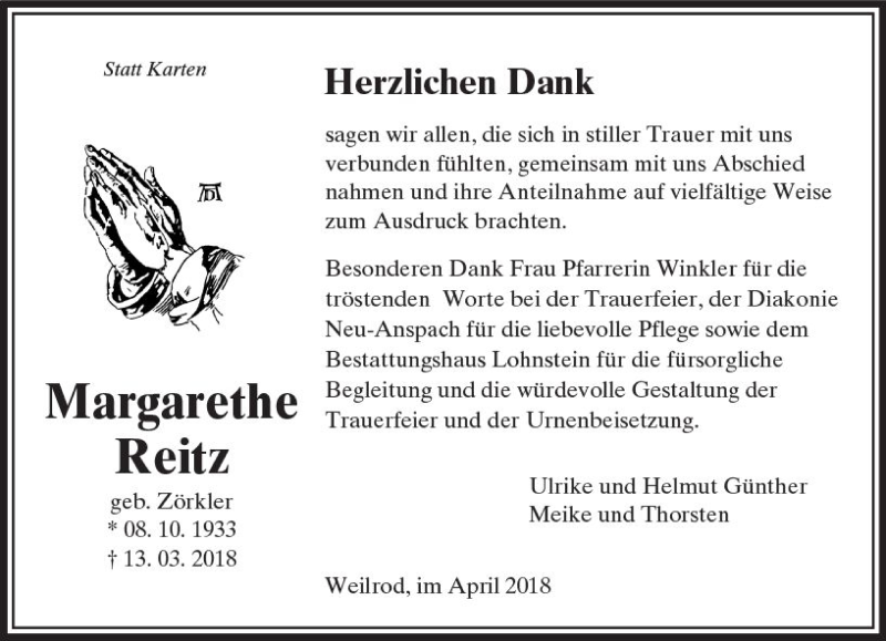  Traueranzeige für Margarethe Reitz vom 10.04.2018 aus  Usinger Anzeiger