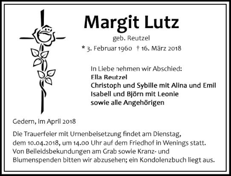  Traueranzeige für Margit Lutz vom 07.04.2018 aus  Kreisanzeiger