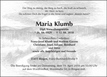 Traueranzeige von Maria Klumb von Trauerportal Rhein Main Presse