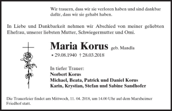 Traueranzeige von Maria Korus von Trauerportal Rhein Main Presse