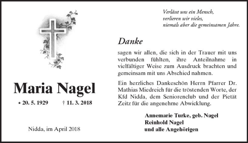  Traueranzeige für Maria Nagel vom 14.04.2018 aus  Kreisanzeiger