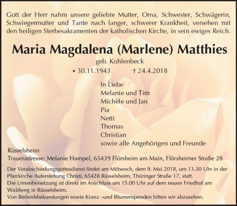  Traueranzeige für Maria Magdalena Matthies vom 28.04.2018 aus Trauerportal Rhein Main Presse