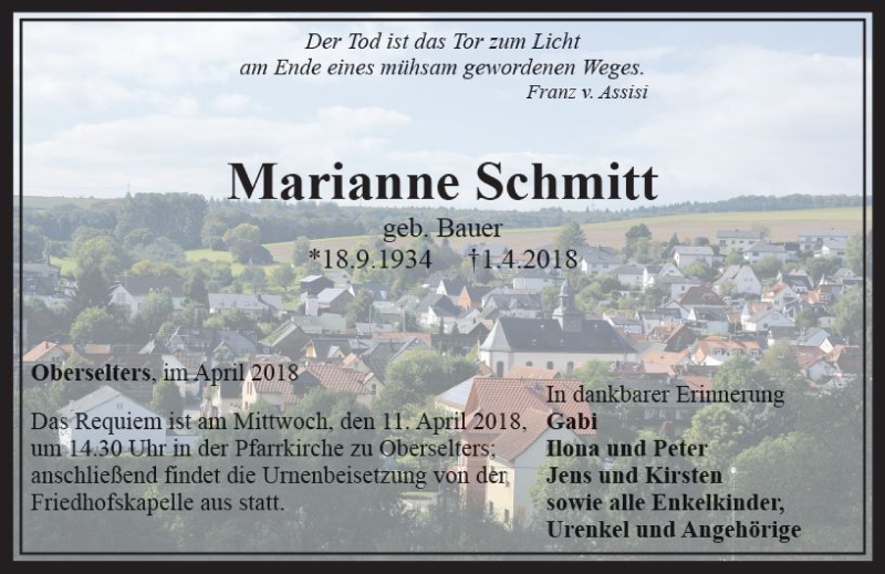  Traueranzeige für Marianne Schmitt vom 05.04.2018 aus  Camberger Anzeiger