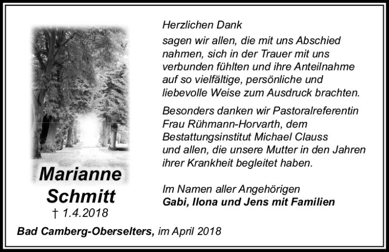  Traueranzeige für Marianne Schmitt vom 26.04.2018 aus  Camberger Anzeiger