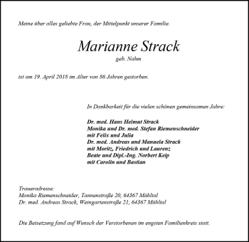 Traueranzeige von Marianne Strack von Trauerportal Rhein Main Presse