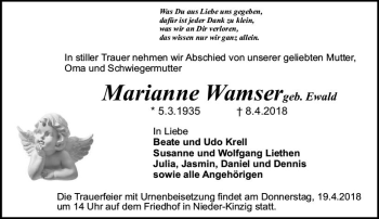 Traueranzeige von Marianne Wamser von Trauerportal Rhein Main Presse