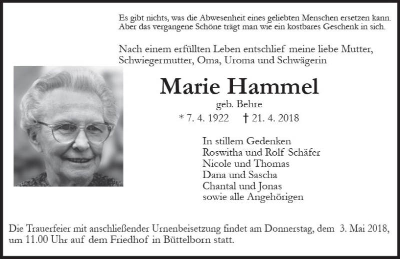  Traueranzeige für Marie Hammel vom 30.04.2018 aus Trauerportal Rhein Main Presse