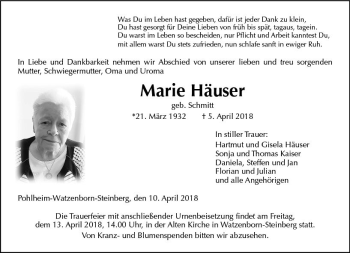Traueranzeige von Marie Häuser von  Gießener Anzeiger