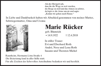 Traueranzeige von Marie Rücker von Trauerportal Rhein Main Presse
